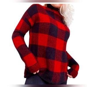 Tahari M Black Red Plaid WOOL Blend Knitted Longsleeves MockNeck Women's Sweater